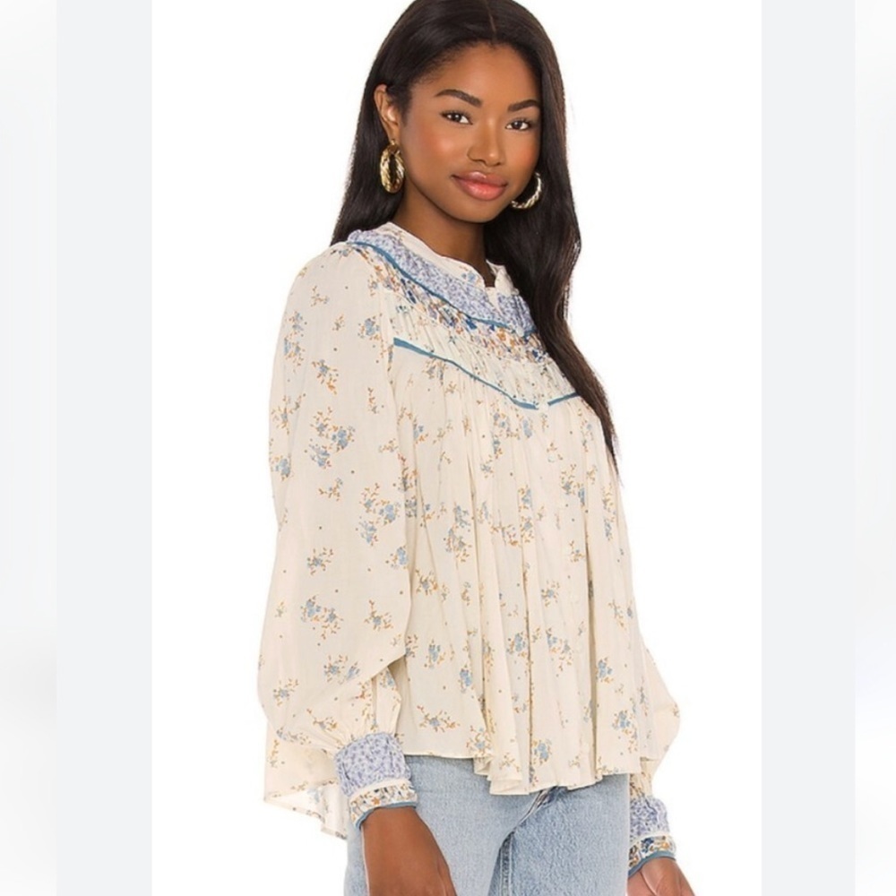 Free People Button Down Peasant Top Paloma Printed Blouse in Tea Combo